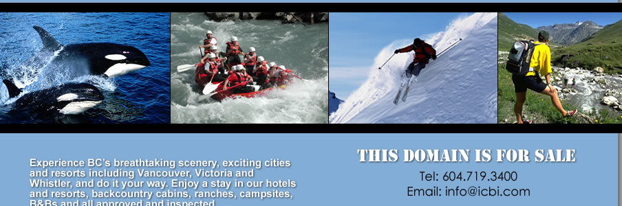Archived BC Tourism banner showing whales, rafting, skiing and hiking